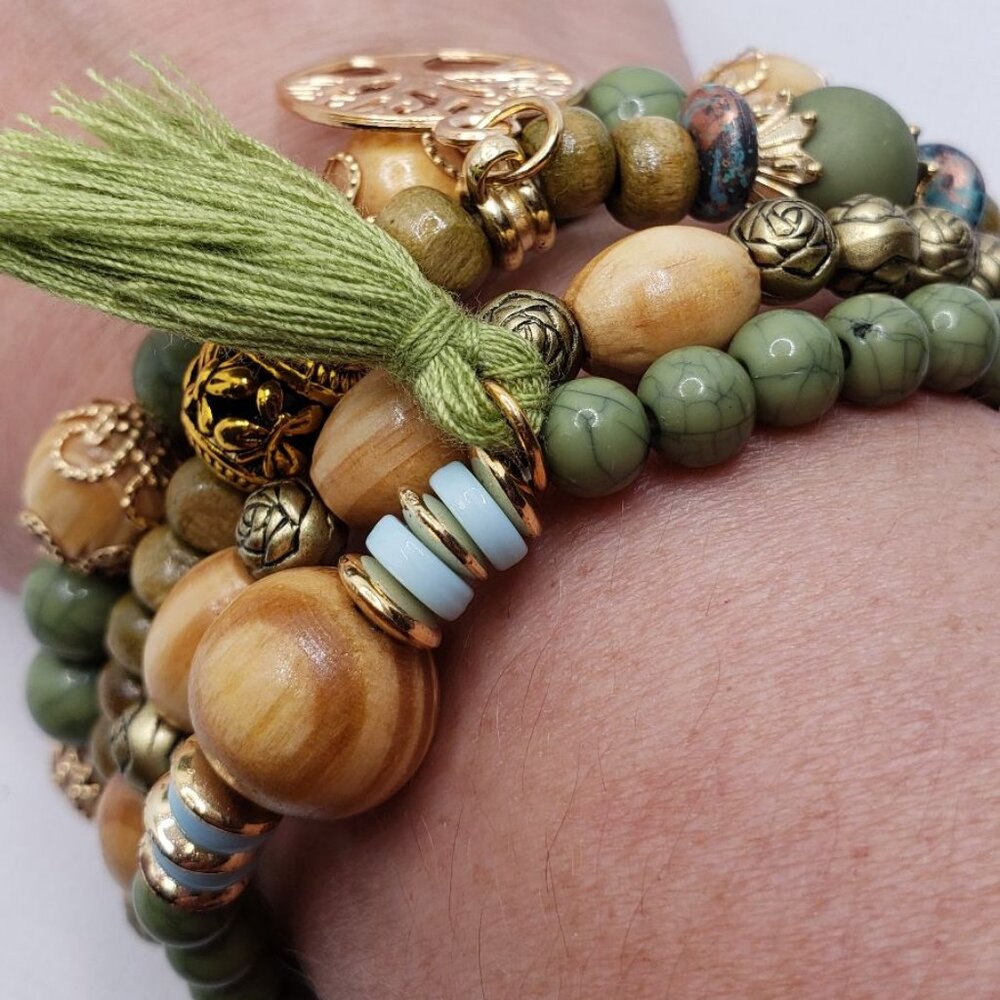 Multilayer Bracelet Tassel Tree of Life Shape Pendant Handmade Beads Stretchy Br